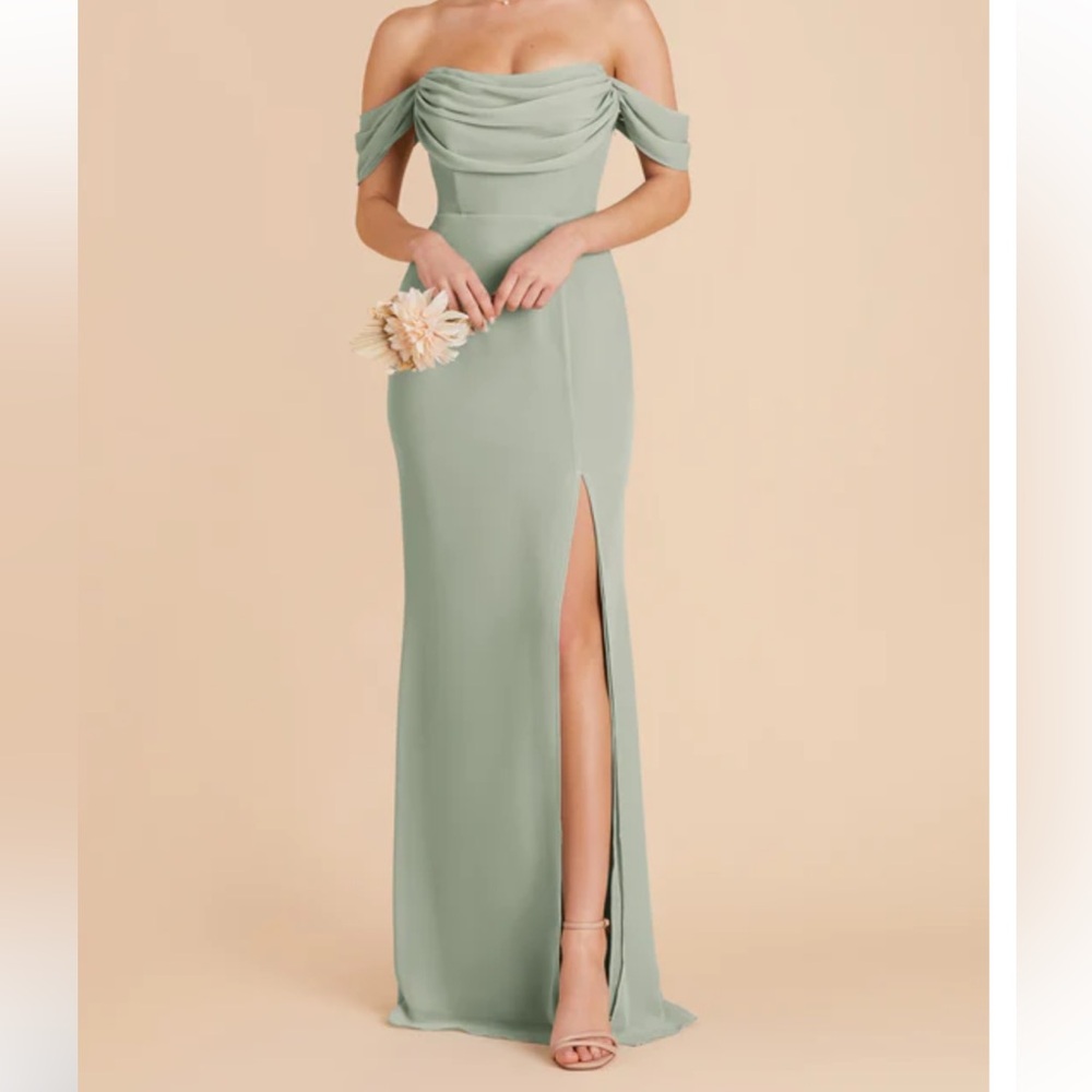 Birdy Grey Sage Green Strapless Off-Shoulder Gown with Side Slit